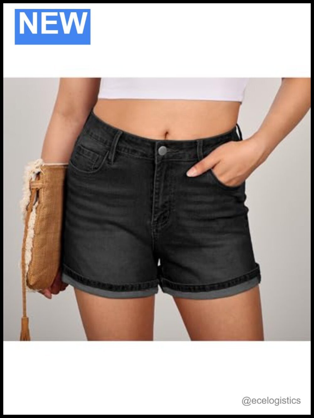 Mid Rise Fold Hem Denim Shorts for Women Stretchy - Picture 5 of 6
